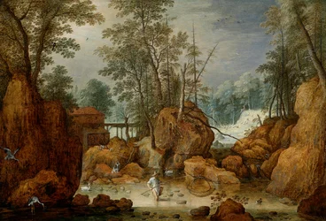Ein Fischer in einem Fluss in einer bewaldeten Landschaft
